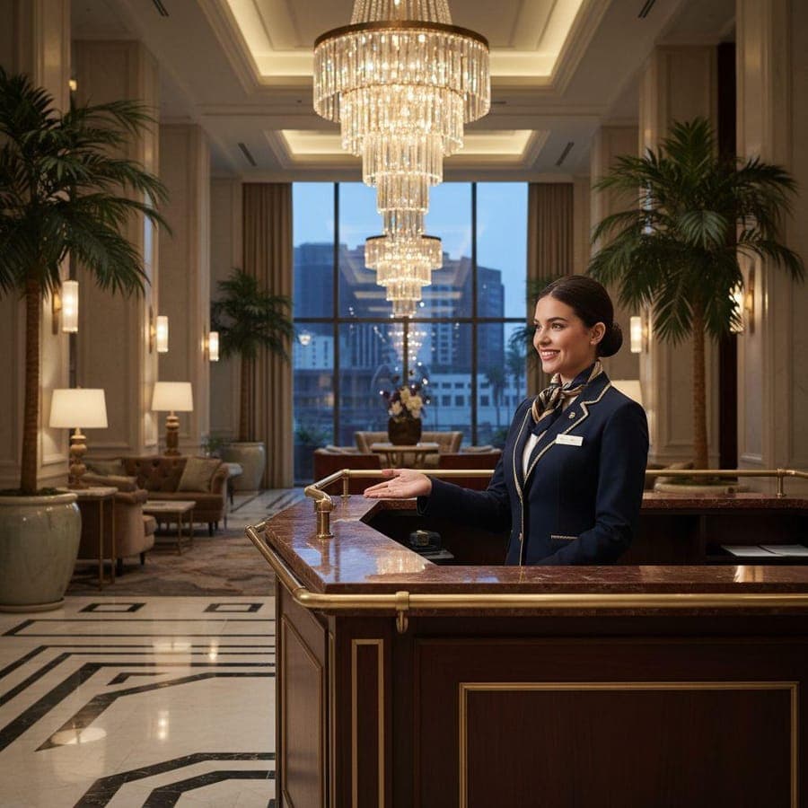Recepcionista atendiendo en el lobby de un hotel