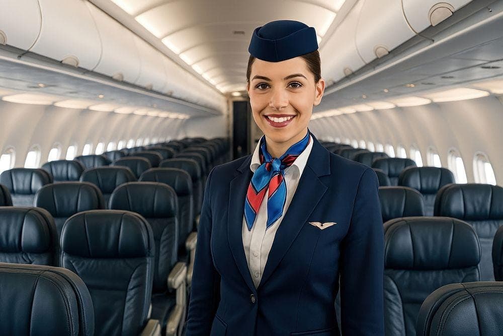 Tripulante de cabina sonriendo en el pasillo de un avión